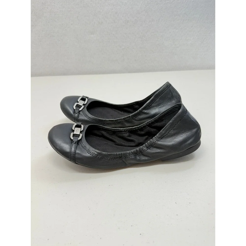 Ralph Lauren Jayna Black Leather Ballet Flats Silver Logo Buckle 7.5 B
